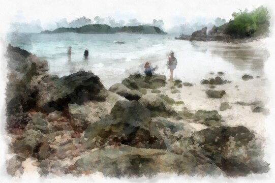 Landscape Of Sea And Rocky Beach Watercolor Style Illustration Impressionist Painting.