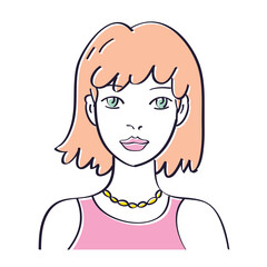 Beautiful elegant fashionable girl or young woman model with bob haircut and bangs face portrait hand drawn pop art line sketch style vector illustration