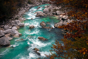 Naklejka na ściany i meble Beautiful Turquoise Coldred Soca River near Trnovo ob Soci Town in Slovenia Julian Alps