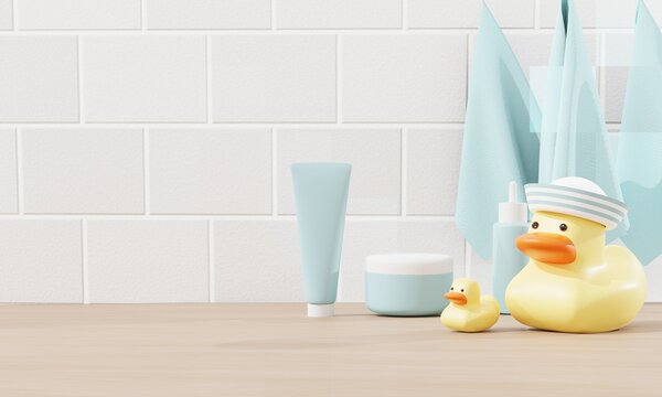 3d render. Baby accessories for bathing on table on tile background. cream shampoo and shower gel bottles, duck toys, towel. 3d