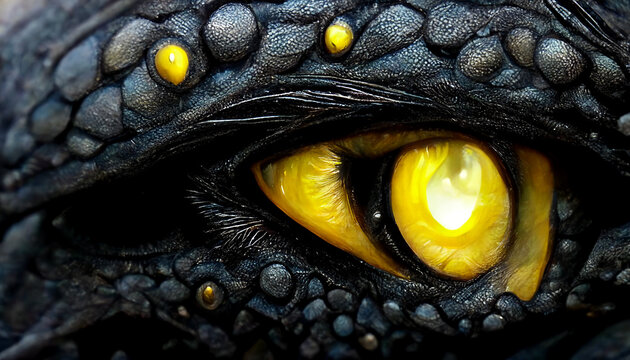 Closeup portrait of black dragon head with yellow eyes Digital Art Illustration Painting Hyper Realistic