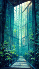 interior photo of a crystalline glass house with trans Digital Art Illustration Painting Hyper Realistic