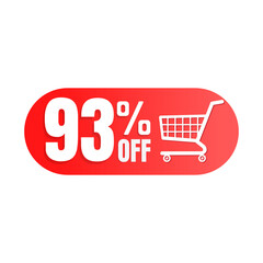 93% off, shopping cart icon, Super discount sale, design in 3D red vector illustration. Ninety-three 