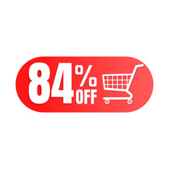 84% off, shopping cart icon, Super discount sale, design in 3D red vector illustration. Oitenta e quatro 