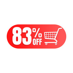 83% off, shopping cart icon, Super discount sale, design in 3D red vector illustration. Eighty-three 
