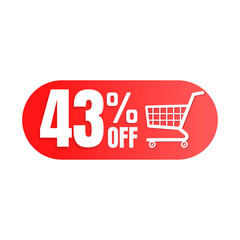 43% off, shopping cart icon, Super discount sale, design in 3D red vector illustration. Forty-three 