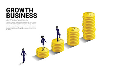 Silhouette of businessman and businesswoman walking to top of stack of coin. Concept of success investment and growth in business