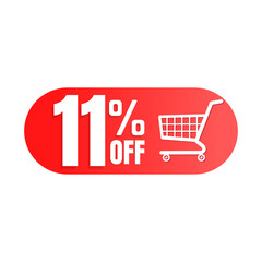 11% off, shopping cart icon, Super discount sale, design in 3D red vector illustration. Eleven