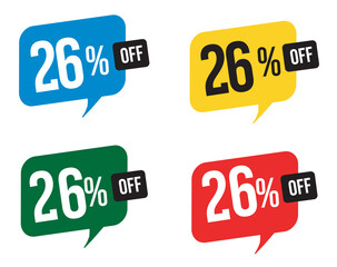 26 percent discount. Blue, yellow, green and red balloons for promotions and offers. Vector Illustration on white background.
