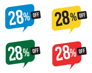 28 percent discount. Blue, yellow, green and red balloons for promotions and offers. Vector Illustration on white background