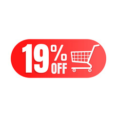 19% off, shopping cart icon, Super discount sale, design in 3D red vector illustration. Nineteen