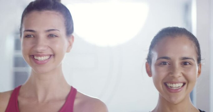 Portrait of many normal, casual people staying fit and healthy at an indoor fitness center. Advert for health or a gym membership with real, diverse people, looking happy, cheerful and positive - Powered by Adobe