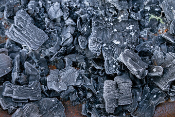  Frozen coal texture.Heating season.First frosts and colds concept.coal in hoarfrost close-up