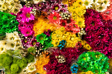Colorful and exotic Colombian flowers in the market square