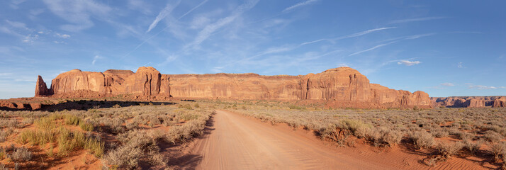 scenic view to the Mittens butte in monument valley seen from visitor center in early morning