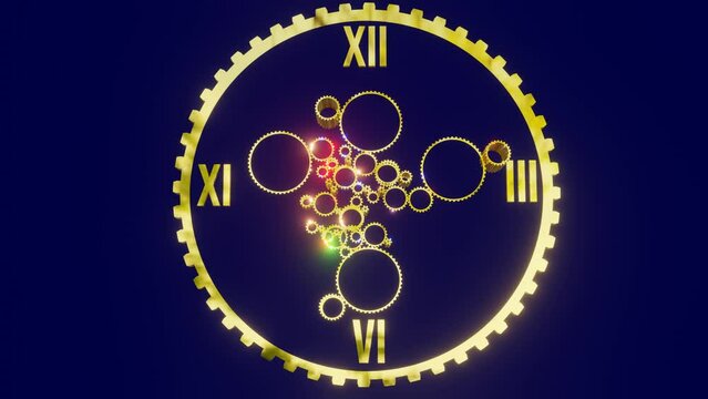 looping golden clock 3d modeling animation  abstract gears connected each other and illuminated several colors.