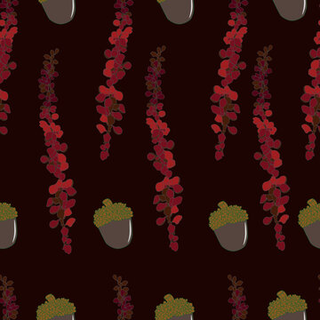 autumn leaves seamless pattern 2. Branches and acorns. Graphic vecot