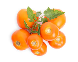 Fresh ripe yellow tomatoes with leaves on white background, top view