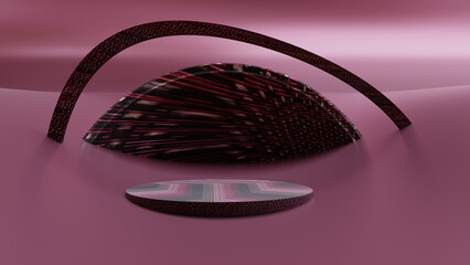 Podium vermelho claro sobre superficie vermelho e figuras geometricas circulares com texturas geometricas e um arco