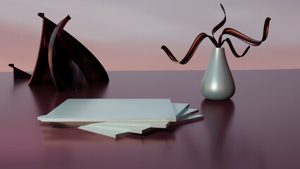 placas na cor azul claro e um vaso abstrato  azul sobre superficie e fundo vinho.