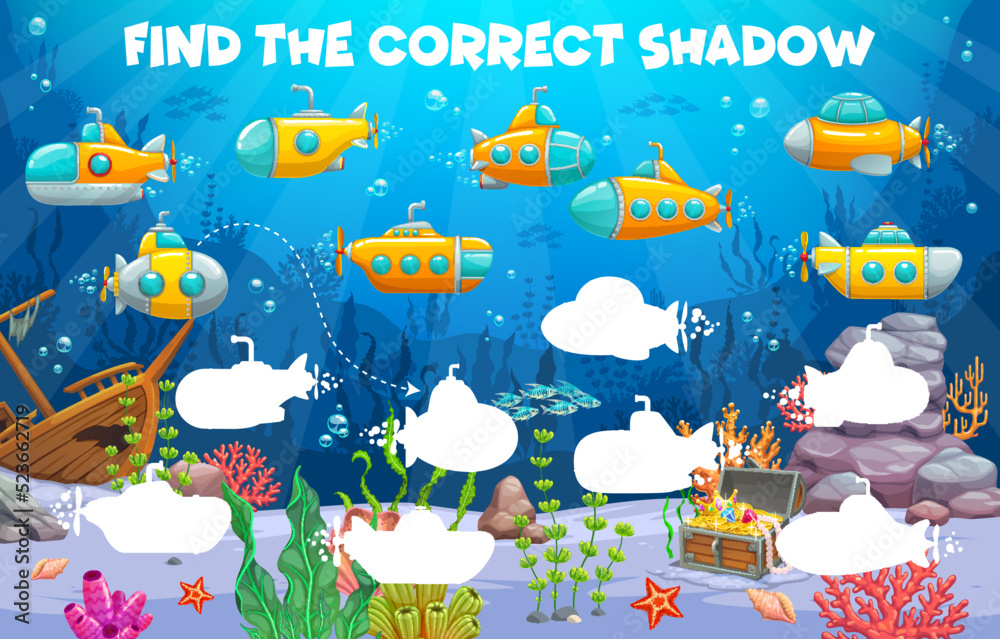 Poster find the correct shadow of cartoon submarines and bathyscaphes. kids game vector worksheet. educatio