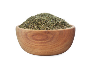Bowl with aromatic dry dill on white background