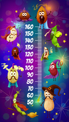 Fototapeta premium Kids height chart nuts wizards and magicians characters. Vector stadiometer growth meter with coconut, almond, cashew and coffee, green pea and soybean pods or kidney peanut. Children height ruler