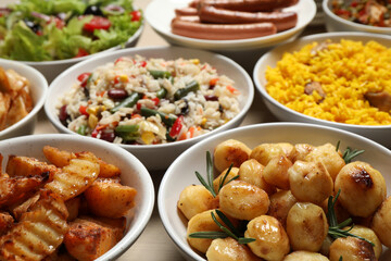 Different delicious dishes on table, closeup. Buffet service