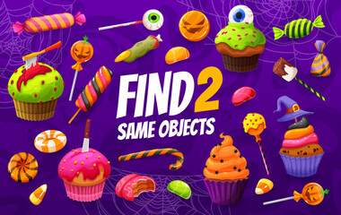 Find two same Halloween holiday sweets and candies. Quiz game or puzzle vector worksheet of cartoon trick or treat food, matching riddle with horror lollipops, pumpkin cakes, candy corn and cookies