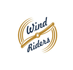 Wind riders. Aviation icon, pilot school or academy vintage emblem, aviators club or airplane repair service workshop retro badge. Vintage planes museum vector icon with aeroplane spinning propeller © Vector Tradition