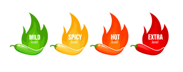 Hot spicy level labels. Hot sauce or food spicy meter vector icons, tabasco or ketchup sauce taste rating. Capsaicin level from mild to extra indicator with chili, lalapeno pepper and fire flames