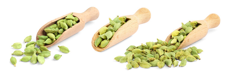 Set with cardamom seeds on white background. Banner design