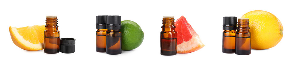 Set with bottles of different citrus essential oils and fresh fruits on white background. Banner design