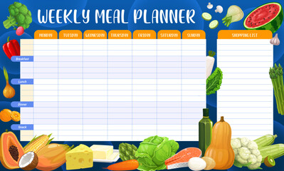 Natural fruits, vegetables and dairy products weekly meal planner schedule, organizer check list. Vector food plan for week, calendar menu for breakfast, lunch and dinner, dieting meal planner