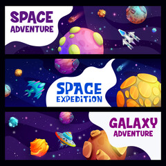Space expedition and adventure, spacecrafts in starry galaxy. Cartoon vector banners with ufo saucers, planets, shuttles, meteorites, comets and asteroids in universe. Cosmos exploration © Vector Tradition