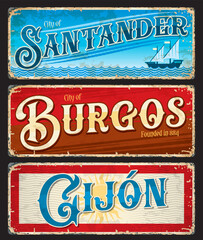 Santander, Burgos, Gijon spanish city plates and travel stickers. Vector vintage banners with touristic landmarks of Spain. Aged retro signs or boards, Cantabria, Castile and Leon, Asturia symbocic - obrazy, fototapety, plakaty