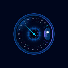 Futuristic car speedometer gauge blue dial. Vehicle tachometer, automobile dashboard futuristic speed meter vector scale with MPH info, glowing arrow. Speedometer digital display, odometer indicator - obrazy, fototapety, plakaty