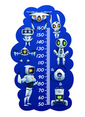 Cartoon robots and droids. Kids height chart, vector growth meter with funny androids, cyborg with artificial intelligence and robotic quadcopter, cute alien robots characters with glowing eyes