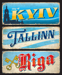 Kyiv, Tallinn, Riga city travel stickers and plates. Ukraine, Estonia and Latvia capital cities travel stickers. Eastern Europe travel plate or card, vector grunge tin sign with city flag and emblem