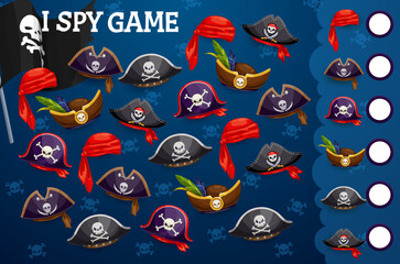 I spy game pirate tricorn, cocked hats and bandana. Vector educational worksheet puzzle with corsair headwear. Cartoon quiz page with different sailor and captain caps. Numeracy skills development