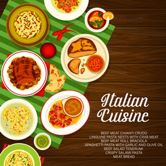 Italian cuisine menu cover. Beef roll Braciola, meat bread and Linguine pasta with crab, crispy salami pasta, beef meat Chianti Crudo and black tea, spaghetti pasta with garlic, beef salad Tenerumi