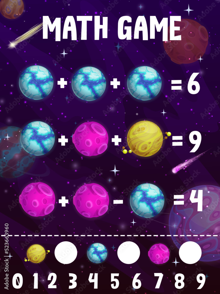 Poster math game puzzle worksheet. cartoon fantasy planets in galaxy space. kids math vector riddle, mathem