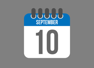 10 calendar september. Calendar icon for September days in blue color on dark background.