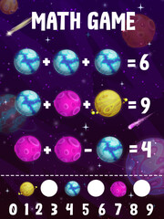 Math game puzzle worksheet. Cartoon fantasy planets in galaxy space. Kids math vector riddle, mathematics quiz and learning playing activity with fantastic icy planets, moon and comets in outerspace