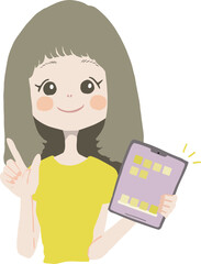 ipad(タブレット)を持って、おすすめのipadを紹介している女の子のイラスト
