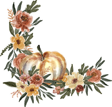 Watercolor Pumpkin and Flower Autumn Fall Arrangement