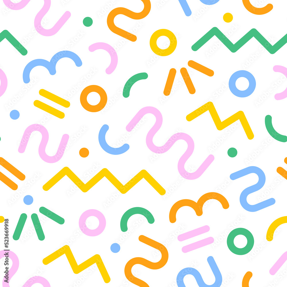Leinwandbilder Fun colorful line doodle seamless pattern. Creative minimalist style art background for children or trendy design with basic shapes. Simple childish scribble backdrop.
