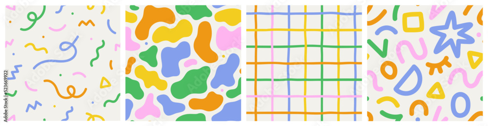 Leinwandbilder Fun colorful seamless pattern collection. Creative minimalist style art background for children or trendy design with bright basic shapes. Simple and playful childish doodle backdrop set.