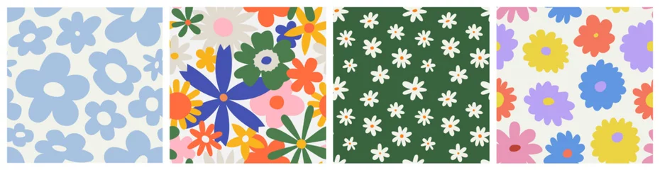  Trendy floral seamless pattern collection. Set of vintage 70s style flower background illustration. Colorful pastel color groovy artwork bundle, y2k nature backgrounds with spring plants. © Dedraw Studio