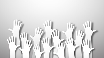 Diverse people crowd raising hands in realistic paper cut style. 3D papercut illustration of team with hand raised up on isolated background. United community, friendship or voting activity concept.